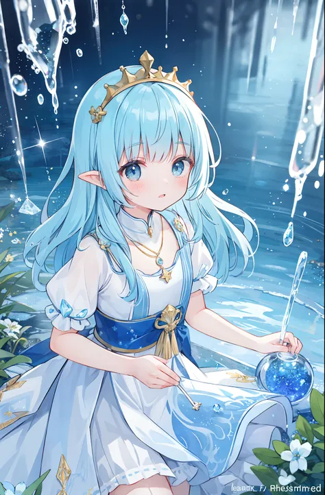 The crown woven with golden silk thread is worn in the ice blue hair, pointy ears, young girl, good face, blue crystal pendant necklace, full white chest, water blue long skirt, exquisite and gorgeous, The skirt has small pendants in the shape of water dro...