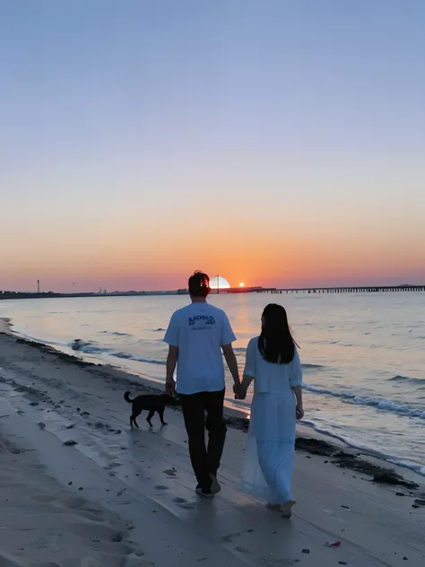 They walk on the beach with their dogs at sunset, With sunset, on the beach during sunset, with a sunset, late sunset, at a beautiful sunset, couple walking hand in hand, it is sunset, at beach at sunset, at the beach on a sunset, On the beach at sunset, l...