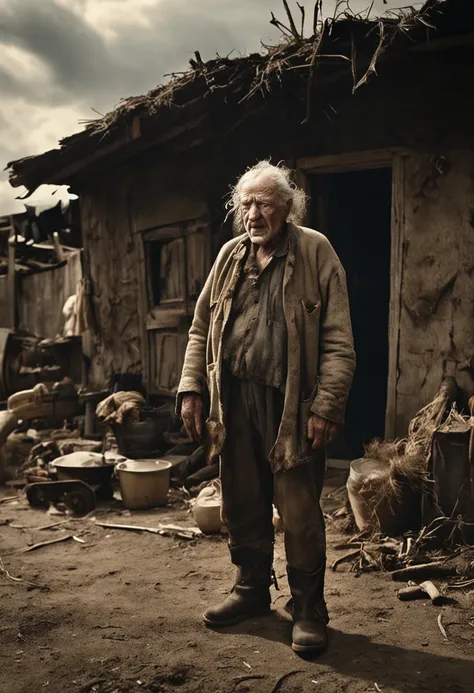 Film directed by Peter Jackson《lord of the ring》in a scene，A man stands in front of his home， A poor old worker in rags，overwhelming fatigue，Old wrinkles with rough skin pores, Fotorrealista, Core Moodys, dark themes, highly  detailed, skin pore, Poros, Sp...