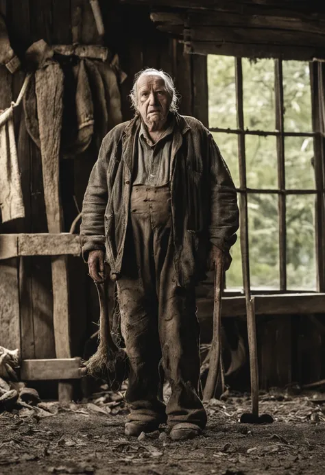 Film directed by Peter Jackson《lord of the ring》in a scene，A man stands in front of his home， A poor old worker in rags，overwhelming fatigue，Old wrinkles with rough skin pores, Fotorrealista, Core Moodys, dark themes, highly  detailed, skin pore, Poros, Sp...