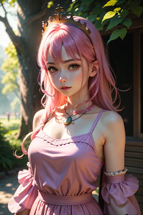 (8K, RAW photo, Best quality, Masterpiece), 超高分辨率, (Realistic, photo-realistic), 1girll,  emotive, Solo, Pink hair, Yellow eyes, Professional lighting, Detailed lighting, back lit lighting, Depth of field, Natural lighting, hardfocus, Two meters shooting d...