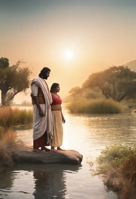 Create a 4k resolution image that depicts a quiet and serene biblical scene, with a man and a woman standing before a river. O rio flui suavemente, representing life and purification. Man is immersed in water, while the woman is next to, holding a ceramic ...