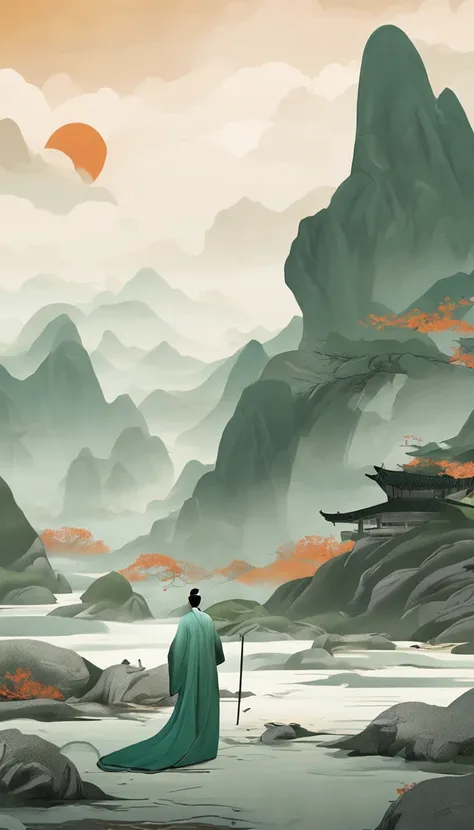 A person wearing Hanfu stands in the flowing mountains and waters in the style of fluid landscapes Song Dynasty fine brushwork landscape painting rendered in cinema 4d organic flowing forms Gothic landforms and landforms light green and white mediterranean...