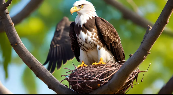 eagle in its nest with its young on top of a tree, profundidade de campo, bokeh, 4K, Hdr, cara de mau --auto --s2