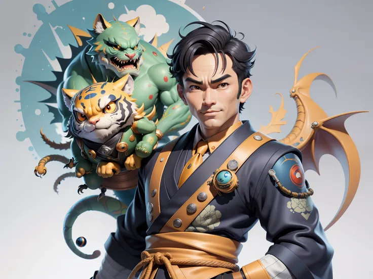 (Masterpiece), (Excellent), (Super Meticulous), (Full Body: 1.2), Super Young Man, Oriental Face, Japanese Kimono, Japanese Wind Thunder God, Dragon, Tiger, TV Anchor, Bust Portrait Illustration, Alone, Black Suit, Blue Tie, Slightly Chubby Face, Very Clea...