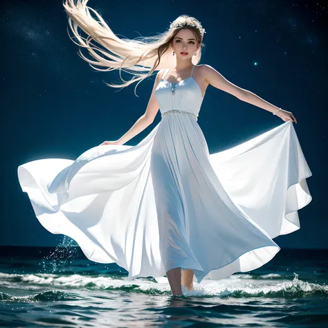 Woman in white dress standing in sea water with flowing dress, pale skinned, de colar de diamante, Pearls in water, a noite, starly sky, sky with galaxy, ..lua, Como uma deusa, walking on water, mulher iluminada, blue water, wearing a white flowing dress, ...