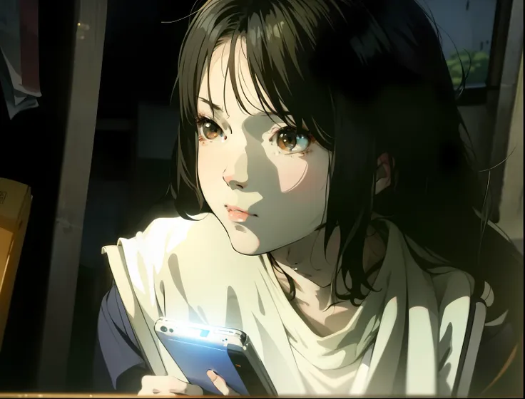 There was a woman holding a cell phone and looking at it, Student, book portrait, anime big breast. Soft lighting, korean artist, Makoto Shinkai. a digital rendering, Korean girl, portrait of a japanese teen, Korean woman, Reading, studious chiaroscuro, wi...