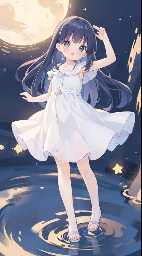 Top Quality, Masterpiece, Ultra High Resolution, Pretty Facial Features, Flat Design, Shoshi no Ko, Hoshino Ai, simple background, giant stars, ziyu, colorful, cute girl standing in water, starry sky in background, huge full moon, water ripples, beautiful ...