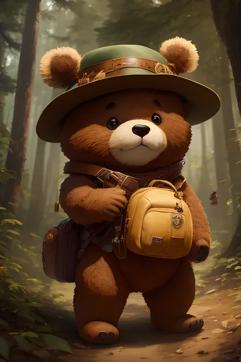 There is a brown teddy bear wearing a hat and a backpack, Wojtek FUS, painting digital adorable, arte digital detalhada bonito, Teemo, Teemo de League of Legends, aventura render hiper realista, criatura fofa da floresta, bonito 3 d render, Trend at Artsta...