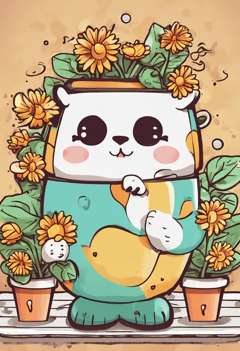 Sticker kawaii, Sunflowers in a pot, Drawing is simple, white backgrounid, Sticker drawing for children from 3 to 6 years old,