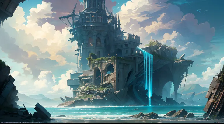 (by Greg Rutkowski: 1.2), (masterpiece), (best quality), extremely delicate and beautiful, illustration, (fantasy landscape), A mesmerizing fantasy landscape with enchanting elements blending seamlessly. (Majestic collapse ruin on the ocemost submerge),  T...