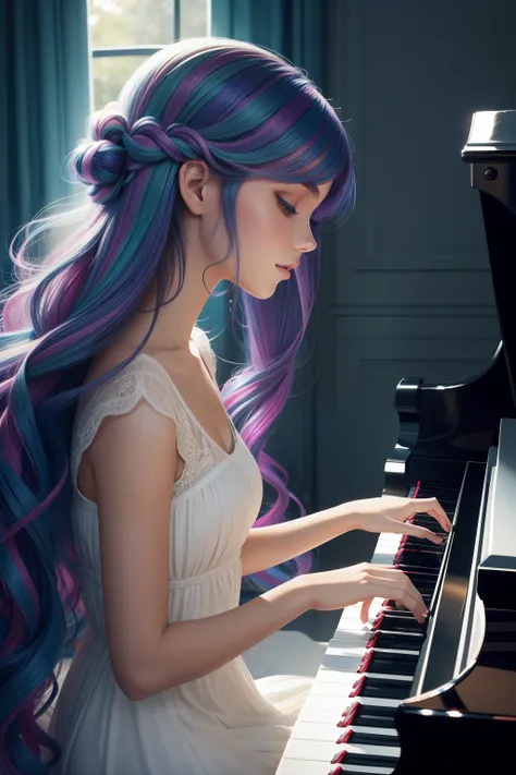 playing piano　Playing the piano keys　Press a key　girl with　Hair long　Lashes　colourfull　Active　pop music　Music　Artistically　art by　colourfull　natural soft light　Steinway　elegent　Beautiful