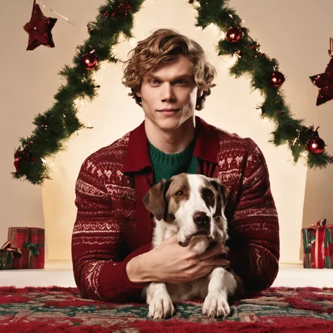 Evan Peters is wearing a Christmas cardigan while holding a cuddly dog in his arms. Ao fundo, There is a fireplace lit, proporcionando um ambiente aconchegante. Evan segura um copo de chocolate quente, emanando vapor e criando uma atmosfera acolhedora. He ...