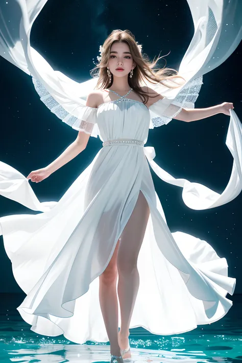 Woman in white dress standing in sea water with flowing dress, pale skinned, de colar de diamante, Pearls in water, a noite, starly sky, sky with galaxy, ....lua, Como uma deusa, walking on water, mulher iluminada, blue water, wearing a white flowing dress...