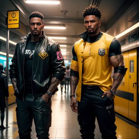 Id like a cyberpunk style image in 4k average photo of two black characters ,30 anos de idade,,africano, forte, musculoso,Bodybillder,muito forte de pele negra ,barba grande,barba, Estiloso Barbon,com cabelo punk estilo anos 80 na cor amarelo e cinza escur...