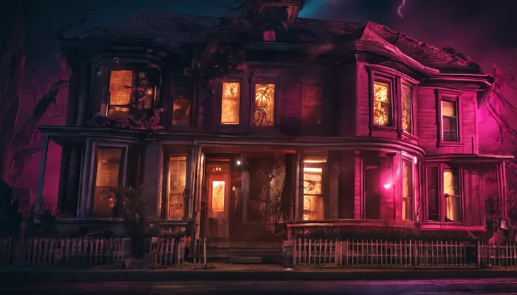 "House of horror scenery seen from the street at night"