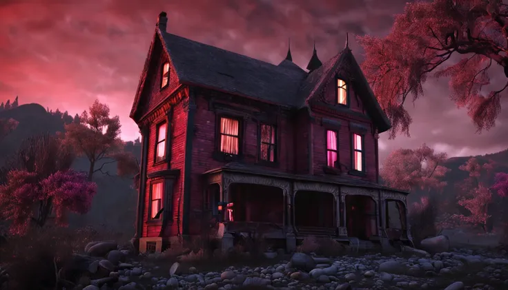 "House of horror scenery seen from the street at night"