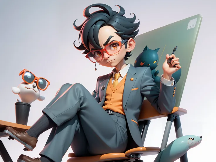 A young man in a suit, Short hair and glasses sat at his desk，holding laptop，digitial painting，tigre，3D character design by Mark Clairen and Pixar and Hayao Miyazaki and Akira Toriyama，4K HD illustration，Very detailed facial features and cartoon-style visu...