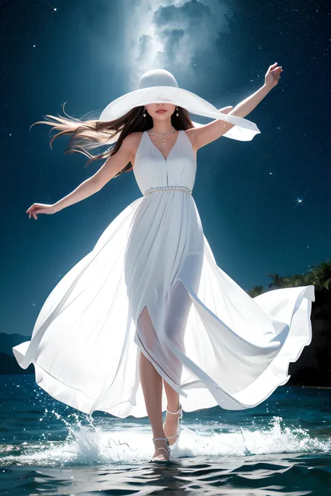 woman in white dress standing in sea water with flowing dress, pale skinned, de colar de diamante, pearls in water, a noite, sta...