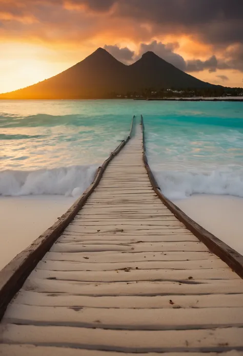 erupting volcano far on the horizon, le bokeh de mise au point en champ profond, profondeur de champ, large Araffe bridge on the beach leading to a thatched beach hut, Plage de Varadero, paradise in the background, Caribbean turquoise water, Aruba, Un plan...