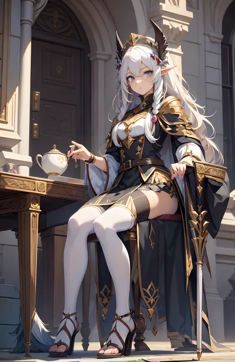 best qualityer，tmasterpiece，Ultimate resolution，downy，Extremely colorful，Colorful，palaces，Long flowing white hair，dark elves，a matural female，（heeled sandals），Sit on a magical broom，flight，Normal posture