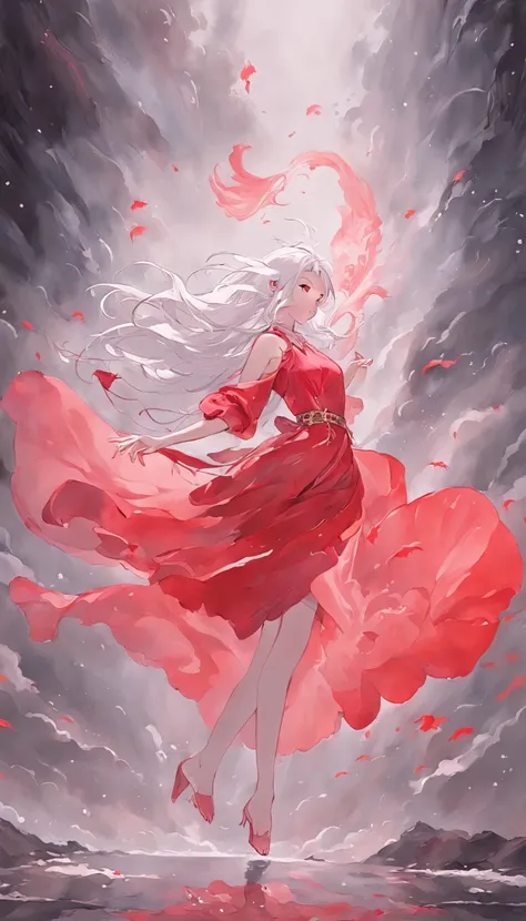 An inky white painting，The painting depicts a girl in an old red dress，silvery white hair，ink black eyes，Dancing poses，There is a huge pink goldfish in the clouds, Made of fog, Dark white and pink, In the style of Li Shuxing, shilin huang, Talented people,...