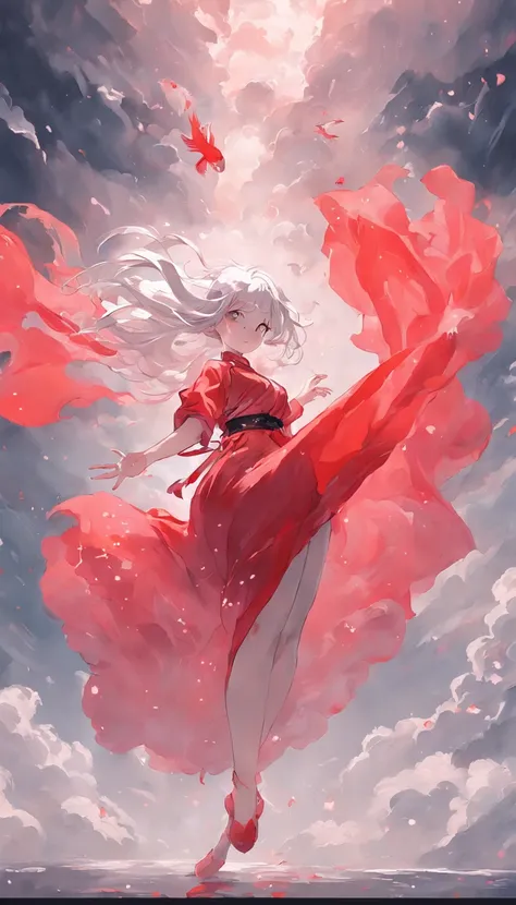 An inky white painting，The painting depicts a girl in an old red dress，silvery white hair，ink black eyes，Dancing poses，There is a huge pink goldfish in the clouds, Made of fog, Dark white and pink, In the style of Li Shuxing, shilin huang, Talented people,...