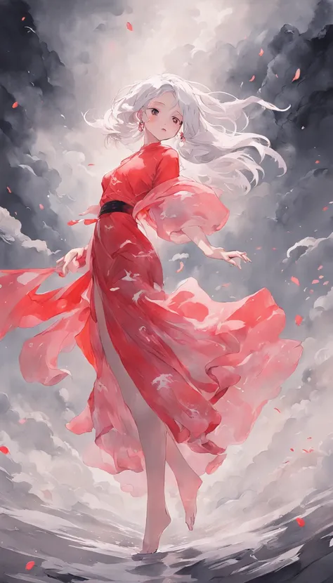 An inky white painting，The painting depicts a girl in an old red dress，silvery white hair，ink black eyes，Dancing poses，There is a huge pink goldfish in the clouds, Made of fog, Dark white and pink, In the style of Li Shuxing, shilin huang, Talented people,...