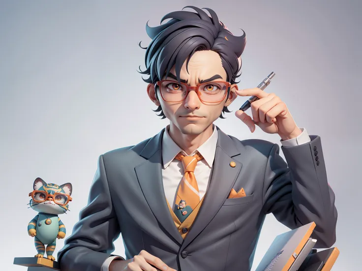 A young man in a suit, Short hair and glasses sat at his desk，holding laptop，digitial painting，tigre，3D character design by Mark Clairen and Pixar and Hayao Miyazaki and Akira Toriyama，4K HD illustration，Very detailed facial features and cartoon-style visu...