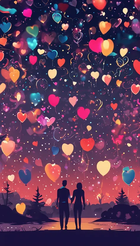 the night，Colorful，Fireworks all over the sky，Heart-shaped bubbles，couples，Cartoony，hugging eachother，Glowing fireflies around，illustration，Glow effects，Dingdall effect，depth of fields，high light，Real light，Ray traching，oc rendered，Hyper-realistic，best qua...