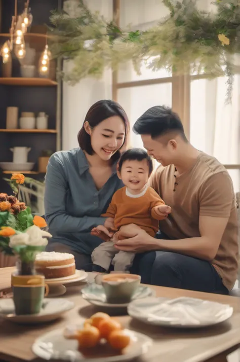 Young father holding boy，Beautiful mother holding flowers，Cake was placed on the table，Lovely environment。The scene environment is the living room or dining room of a family，There are comfortable furniture and warm lighting as a background。The mood and atm...