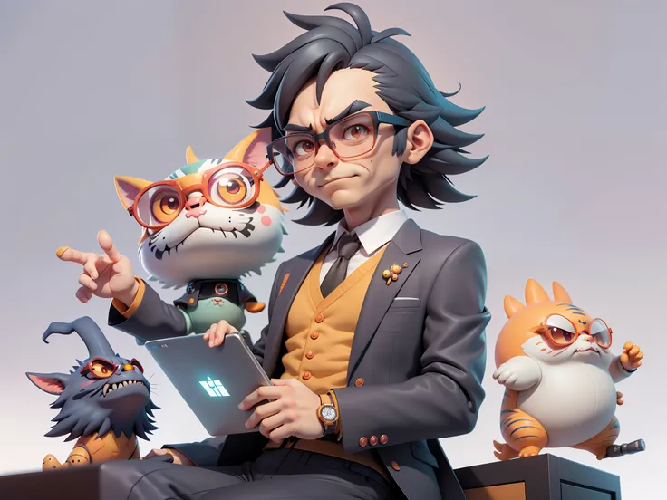 a young man in a suit, short hair and glasses sat at his desk，holding laptop，digitial painting，tigre，3d character design by mark...