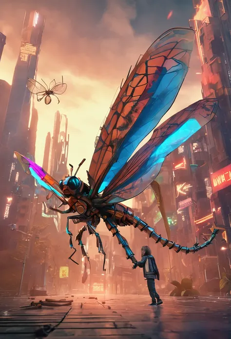 A cyberpunk-style multi-raymon，Wearing a bamboo dragonfly，Fly in the sky