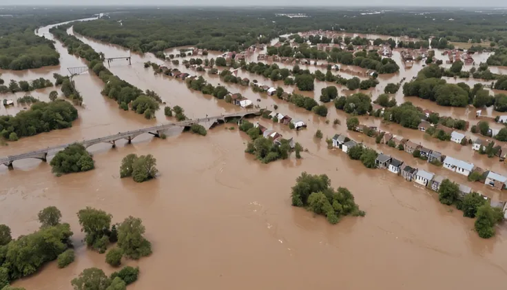 Make an apocalyptic image of a destructive flood caused by the overflow of a river causing an overwhelming flood