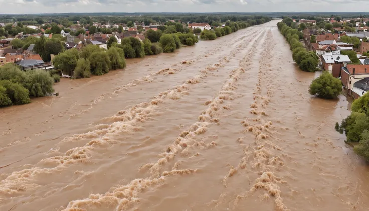 Make an apocalyptic image of a destructive flood caused by the overflow of a river causing an overwhelming flood