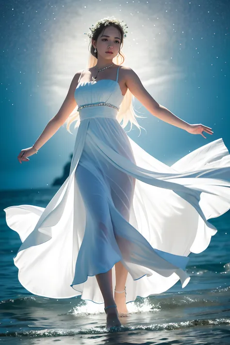 woman in white dress standing in sea water with flowing dress, pale skinned, deusa, lua, de colar de diamante, pearls in water, ...