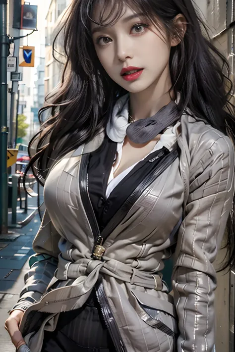 Photorealistic, high resolution, 1womanl, Solo, hips up high, view the viewer, (Detailed face), Business suit, wind coat, jewelry，huge breasts1.2,Street photography，1girll，Black hair，Fluffy hair