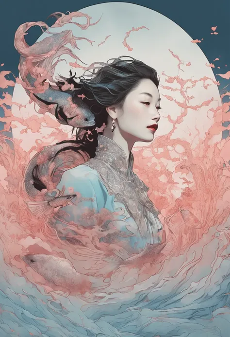 An inky white painting，The painting shows a lady in an old red dress，There is a huge pink goldfish in the clouds, Made of fog, Dark white and pink, In the style of Li Shuxing, shilin huang, Brilliant talent, Ethereal form, gigantic scale, Elegant and balan...