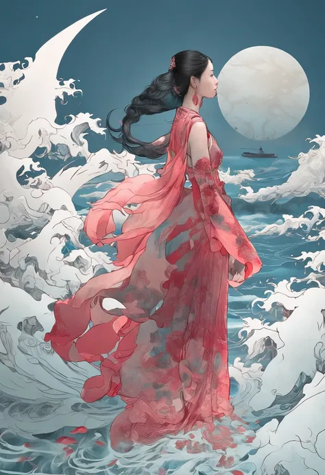 An inky white painting，The painting shows a lady in an old red dress，There is a huge pink goldfish in the clouds, Made of fog, Dark white and pink, In the style of Li Shuxing, shilin huang, Brilliant talent, Ethereal form, gigantic scale, Elegant and balan...