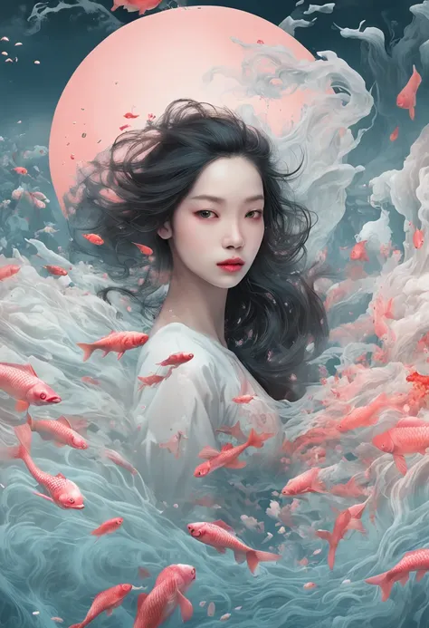 An inky white painting，The painting shows a lady in an old red dress，There is a huge pink goldfish in the clouds, Made of fog, Dark white and pink, In the style of Li Shuxing, shilin huang, Brilliant talent, Ethereal form, gigantic scale, Elegant and balan...