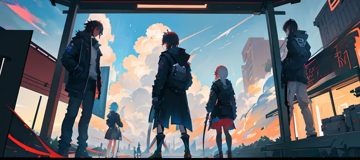 anime characters are standing in front of a screen with a laptop, from arknights, from girls frontline, best anime 4k konachan wallpaper, guweiz and makoto shinkai, girls frontline universe, makoto shinkai and bioware, kda and sam yang, sakimichan and fran...