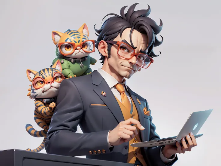 a young man in a suit, short hair and glasses sat at his desk，holding laptop，digitial painting，tigre，3d character design by mark...