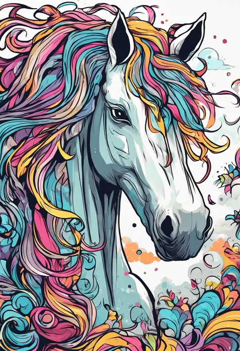 Drawing of a unicorn with a long mane and a colorful tail, Pegasus Art, unicorn