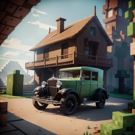 Uma foto de um antigo carro de 1930 no estilo do Minecraft dentro do jogo Minecraft em uma vila do Minecraft.