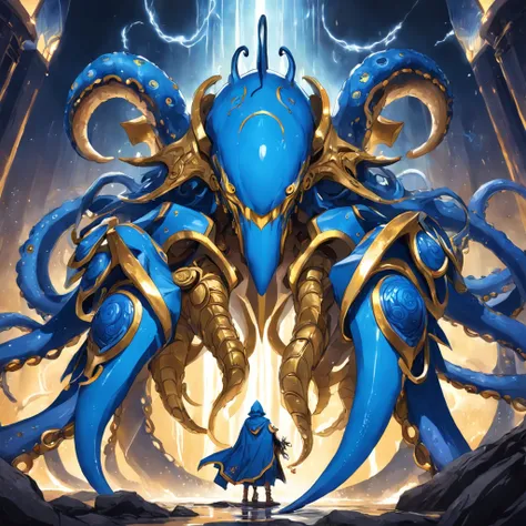 cephalopod, gold and blue tentacles, Chief God of wisdom and war, golden mech-like armor and helm, blue cape, raven resting on a tentacle, lightning spear, masterpiece, Best Quality