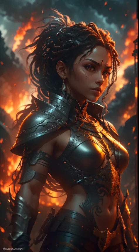 Certainly, heres the revised paragraph without the dragon and the "Latino" descriptor:

In an 8K high-resolution masterpiece photo, a female character with a distinct tribal face tattoo stands in a medium full shot against an erupting volcano. Shes encased...