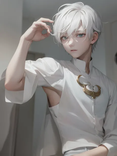 1boy，Male，Young man，Pale teenager，（（（Rose blanche））），white  shirt，bandagens，bloods，The screen contrast is low，High brightness，White hair