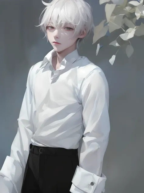 1boy，male，young man，Pale teenager，Rose blanche，white  shirt，bandagens，bloods，Low screen contrast，High brightness，White hair