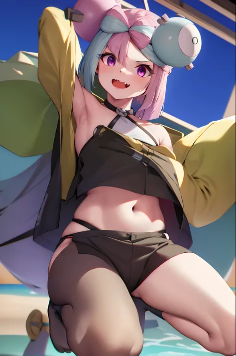 iono1, long hair, masterpiece, best quality, highres, 1girl, solo, fang, skin fang, short hair, (mole on thigh:0.8), bangs, hair behind ear, purple eyes, hair ornament, open mouth, beach, smile, squatting, small chest, short height, little girl, flat chest...