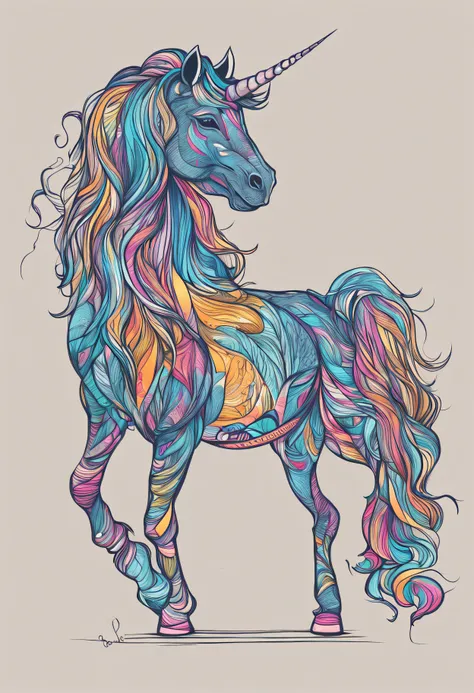 Drawing of a unicorn with a long mane and a colorful tail, Pegasus Art, unicorn